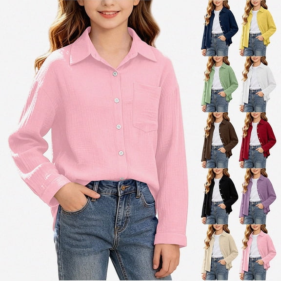 DJDLJWCJ Big Girls Button Up Shirt Solid Color Loose Fit Long Sleeve Shirts Loose Fit Casual Shirts with Pocket Pink Size 3T
