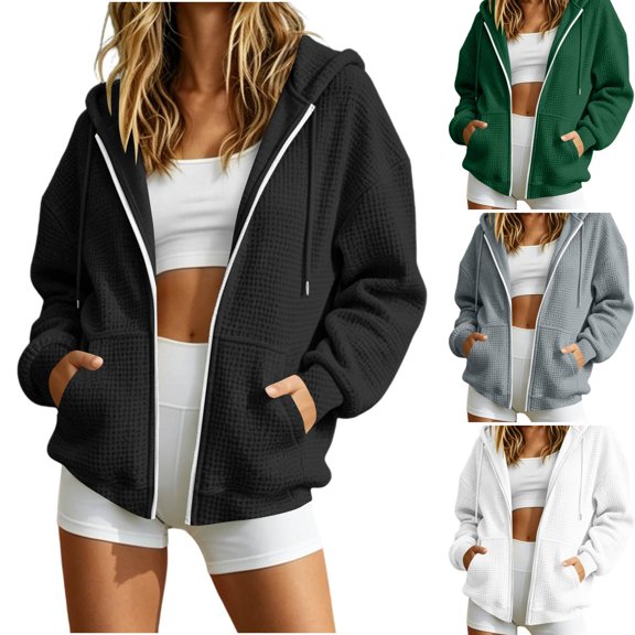 Evdexr Hoodies for Women Long Sleeve Zip Up Oversized Sweatshirt 2026 Casual Hooded Winter Fall Layering Jacket with Pockets Black M