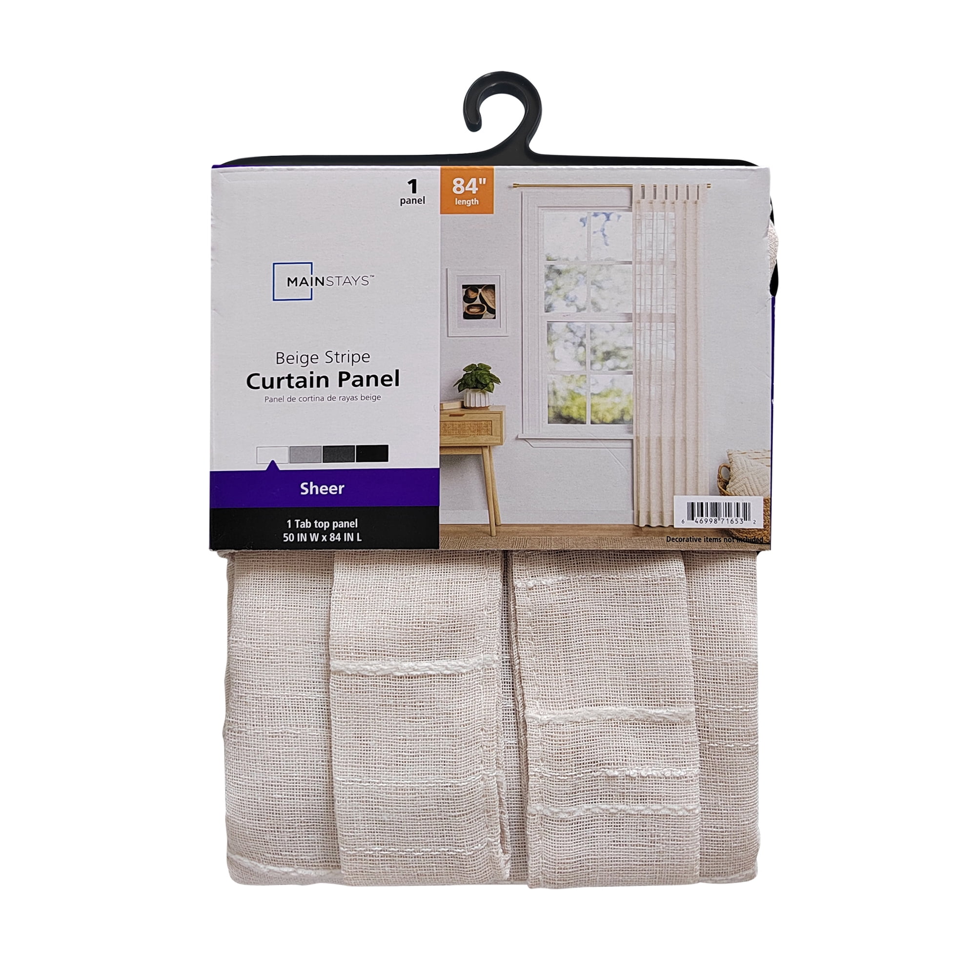 Mainstays Woven Stripe Sheer Indoor Curtain Single Panel, Tab Top, Papyrus Beige, Polyester, 50"W x 84'L, Adult