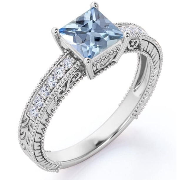 JeenMata Anillo de Compromiso con Forma de Catedral de Cuatro Puntas, Aguamarina y Moissanita de Corte Princesa de 1 Quilate, Borde Milgrain, Pavé Victoriano, Baño de Oro Blanco de 18 K sobre Plata