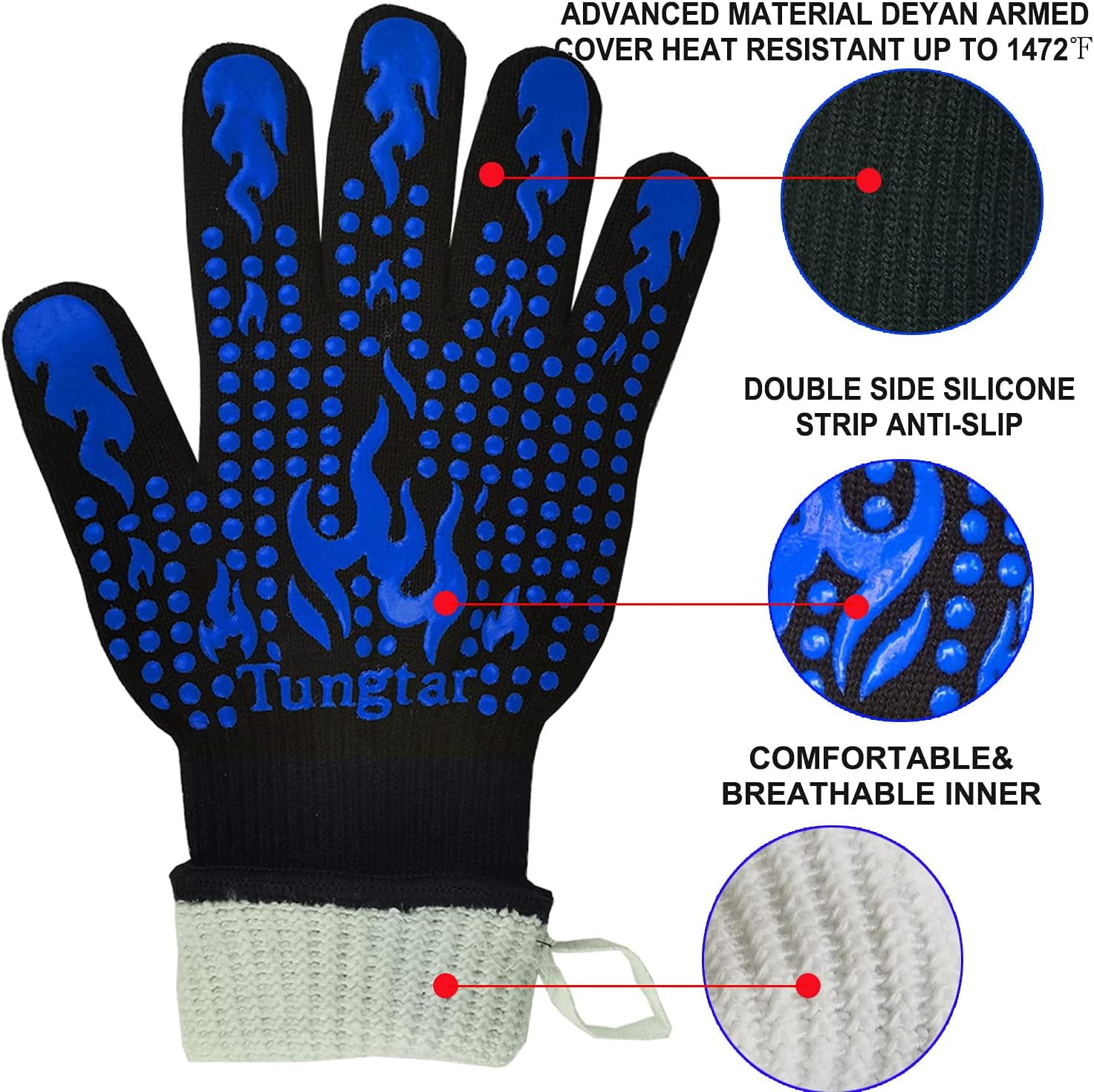 Jtbuh XLY Oven Mitts Heat Resistant BBQ Proof Glove 11Inch 1472℉ Grill Glove Proof Heat for Women Men BBQ Gloves Gift Set Cooking Gloves for Cooking, Grilling, Baking, Welding (White Blue)