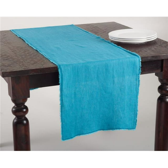 Saro Lifestyle Rectangular 16'' x 72'' Fringed Design Stone Washed Linen Table Runner - Ocean Blue