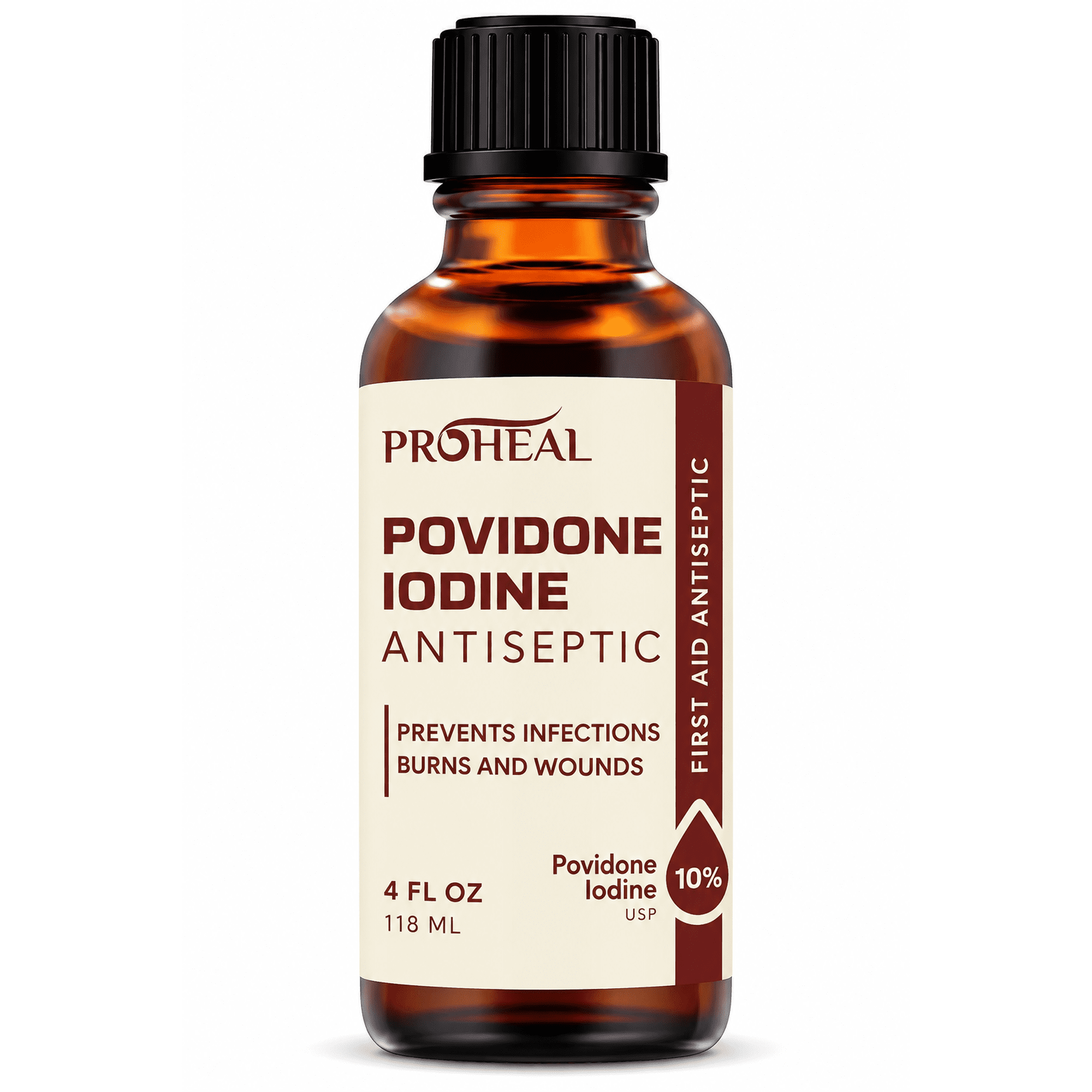 ProHeal Povidone Iodine Solution 10% - 4oz Iodine Liquid for Preventing Infection - First Aid Antiseptic for Skin Prep, Burns and Wounds