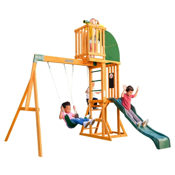 KidKraft Hawk Tower Wooden Swing Set with Slide and 2 Swings