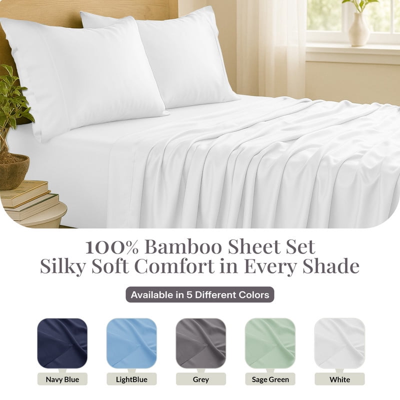 Lux Decor 100% Organic Viscose from Bamboo Queen Sheets Set - 4 Piece Ultra-Soft Luxury Cooling Bed Sheets, 16" Deep Pocket, Breathable & Hypoallergenic - White