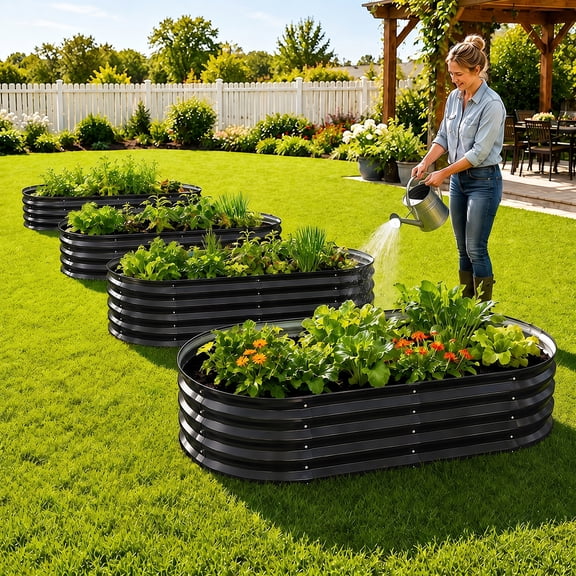 WELKA 4‑Pack Oval Galvanized Metal Raised Garden Bed, 4×2×1 FT Open‑Bottom Elevated Planter Box, Modular Raised Garden Beds for Vegetables, Herbs, Flowers, Backyard Patio Outdoor Gardening
