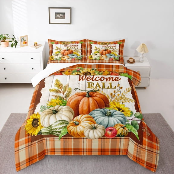 Fall Pumpkin Sunflower Comforter Set Toddler Size Rustic Farmhouse Wooden Barn Quilt Set Vintage Orange Plaid Bedding Set Kids Girls Women Boys Room Decor Plants Duvet Insert