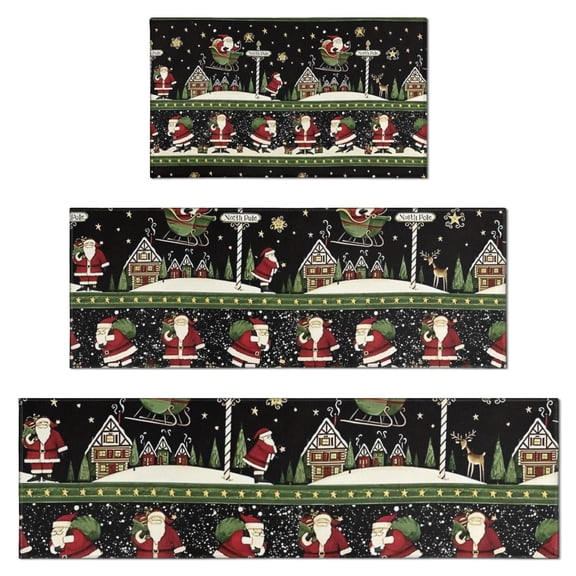 Black Christmas Santa Pattern Kitchen Rugs Sets Of 3,Kitchen Runner Rugs Non Skid Washable,Decorative Kitchen Floor Mats for Kitchen,Sink,Laundry,17"x30" 17"x47" 17"x59"