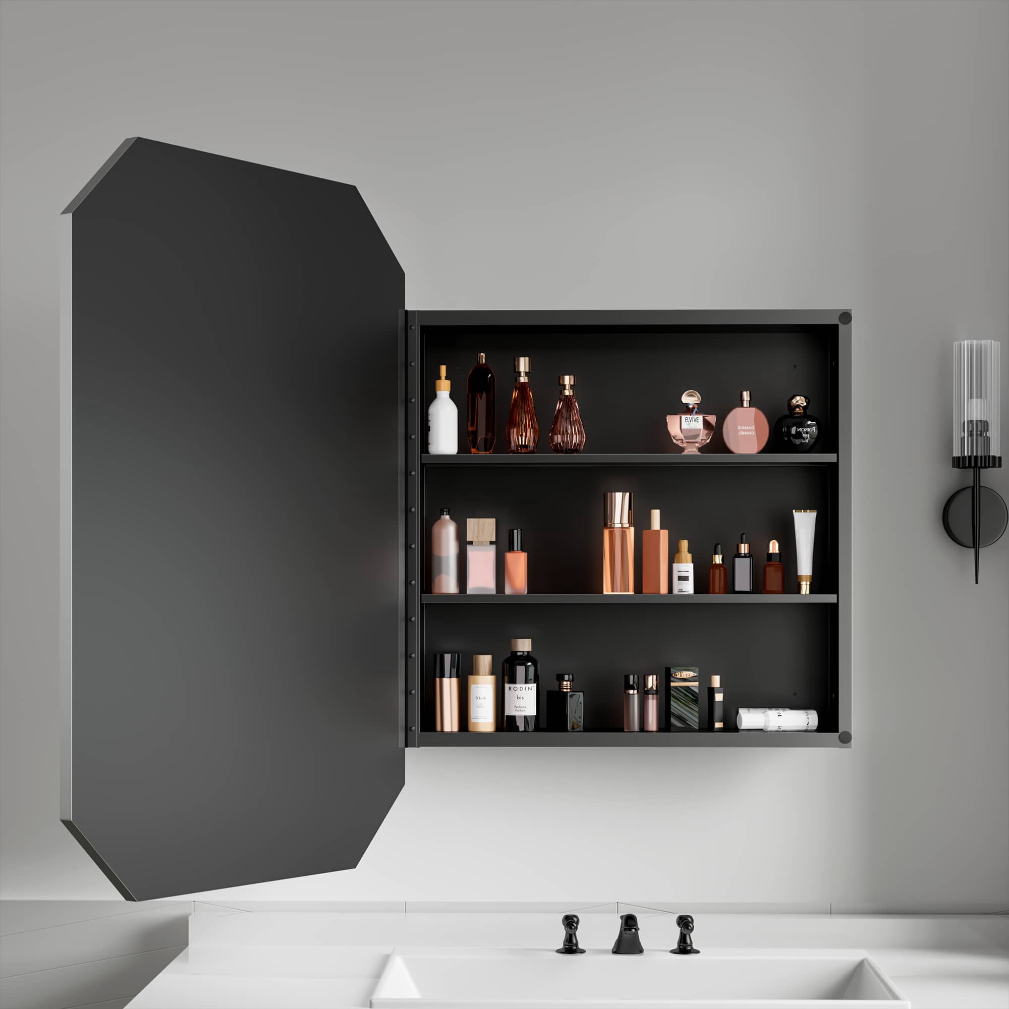 MAYEERTY 36"x24" Iron Octagonal Medicine Cabinet with Mirror for Bathroom , Black
