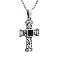 Faith Icon Cross Black Onyx Inlay Filigree Swirls Sterling Silver Necklace