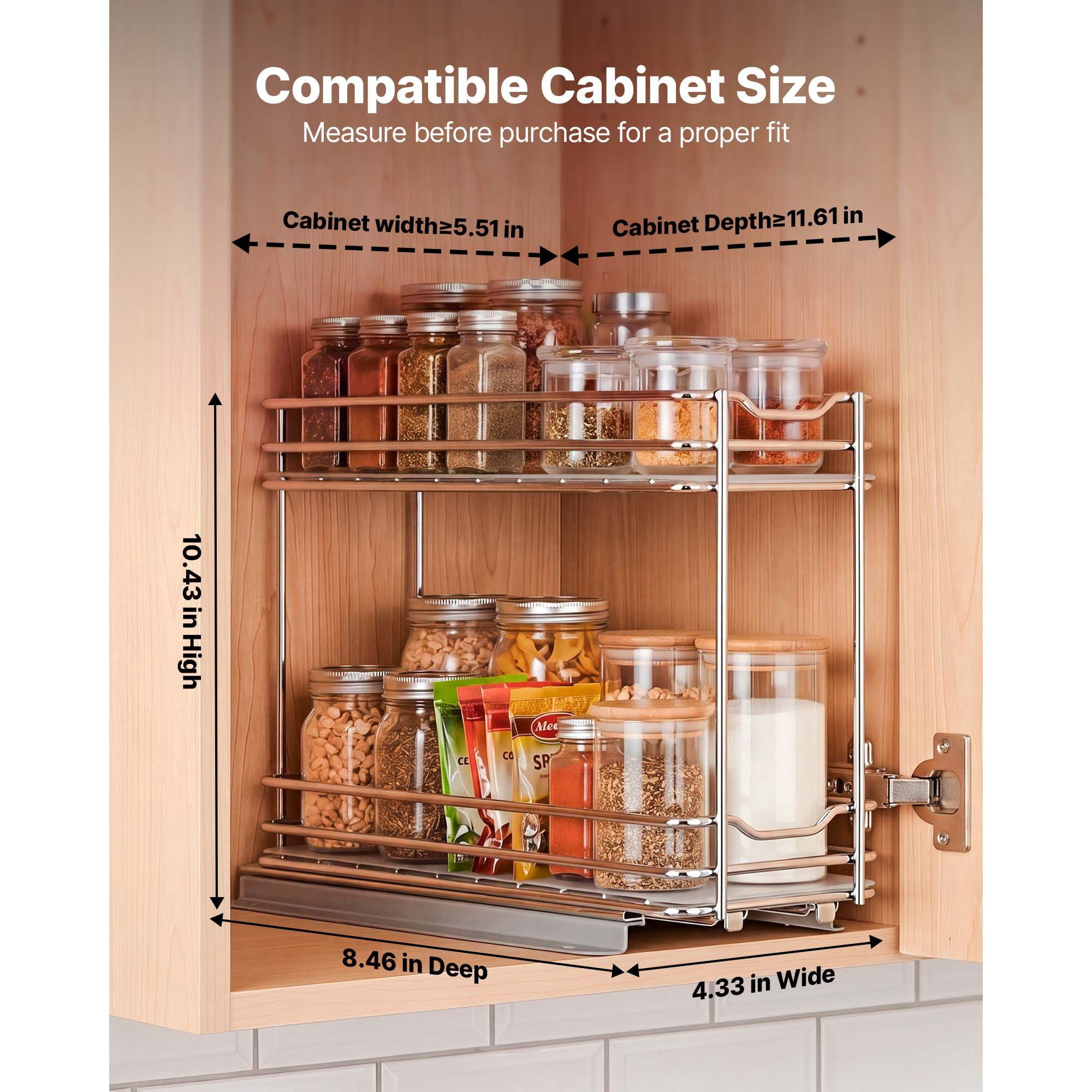 Pull Out Spice Rack Organizer for Cabinet, 2 Tier Slide Out Spice Rack Organizer, Heavy Duty Metal Seasoning Kitchen Basket for Inside Cabinets & Pantry Closet, 4.33"W x 8.46"D x 10.43"H, Silver