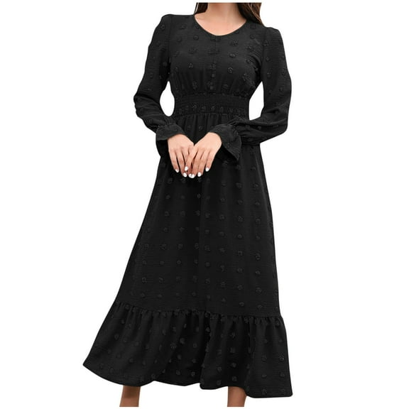 Womens Swiss Dot Boho Button Maxi Dress Long Sleeve Crew Neck Ruffle Hem Flowy Beach Party Long Cocktail Dresses