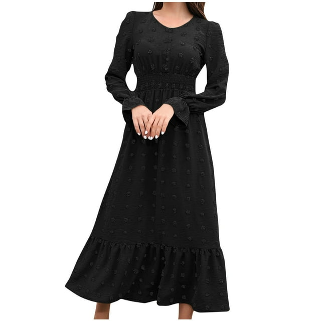 Pisexur Robes d'Automne pour Femmes 2024 Robe d'Invitée de Mariage de Couleur Unie Col Rond Robe à Manches Longues Robe de Cocktail à Pois Mode Robe Maxi à Taille Haute à Volants Smockée Robes Fluides pour le Retour à la Maison