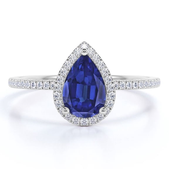 JeenMata 1.25 Carat Pear Shaped Lab Created Blue Sapphire Engagement Ring in 18k White Gold Over Silver