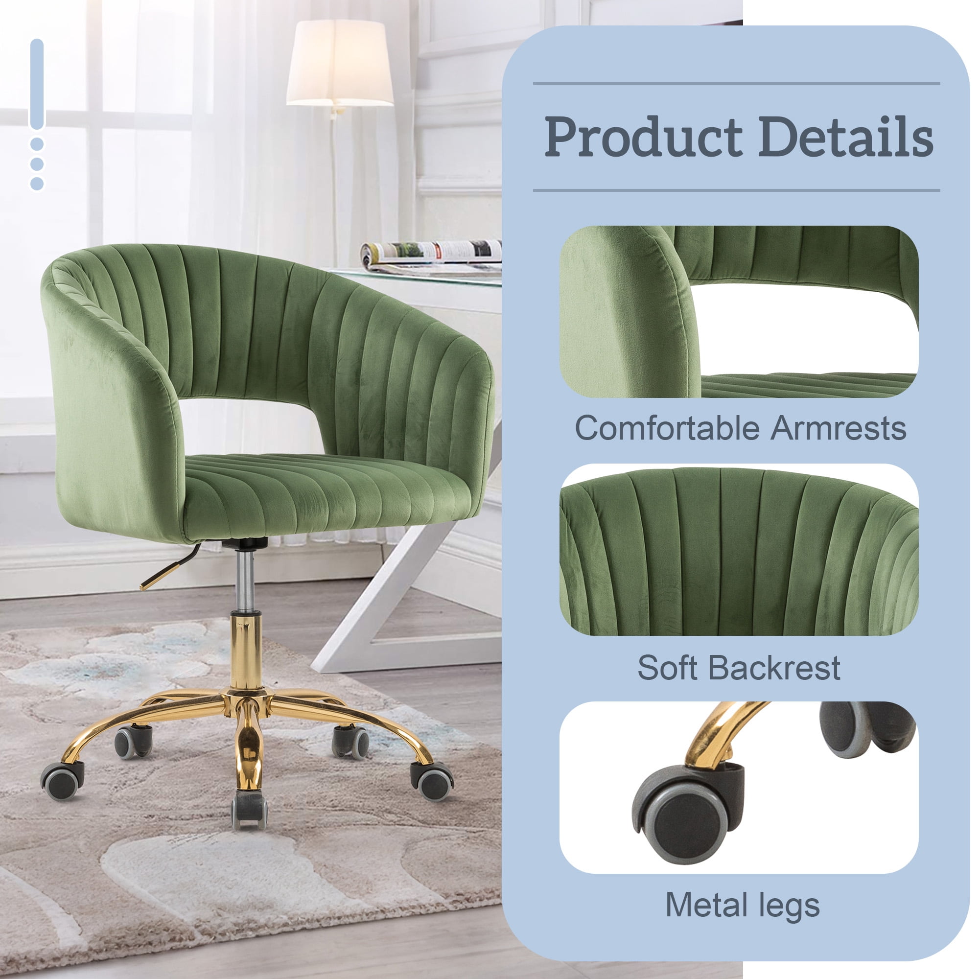 MOONMISS Modern Velvet Office Chair with Gold Base,Adjustable Swivel Desk Chair with Wheels,Low Back Rolling Vanity Chair,Olive Green