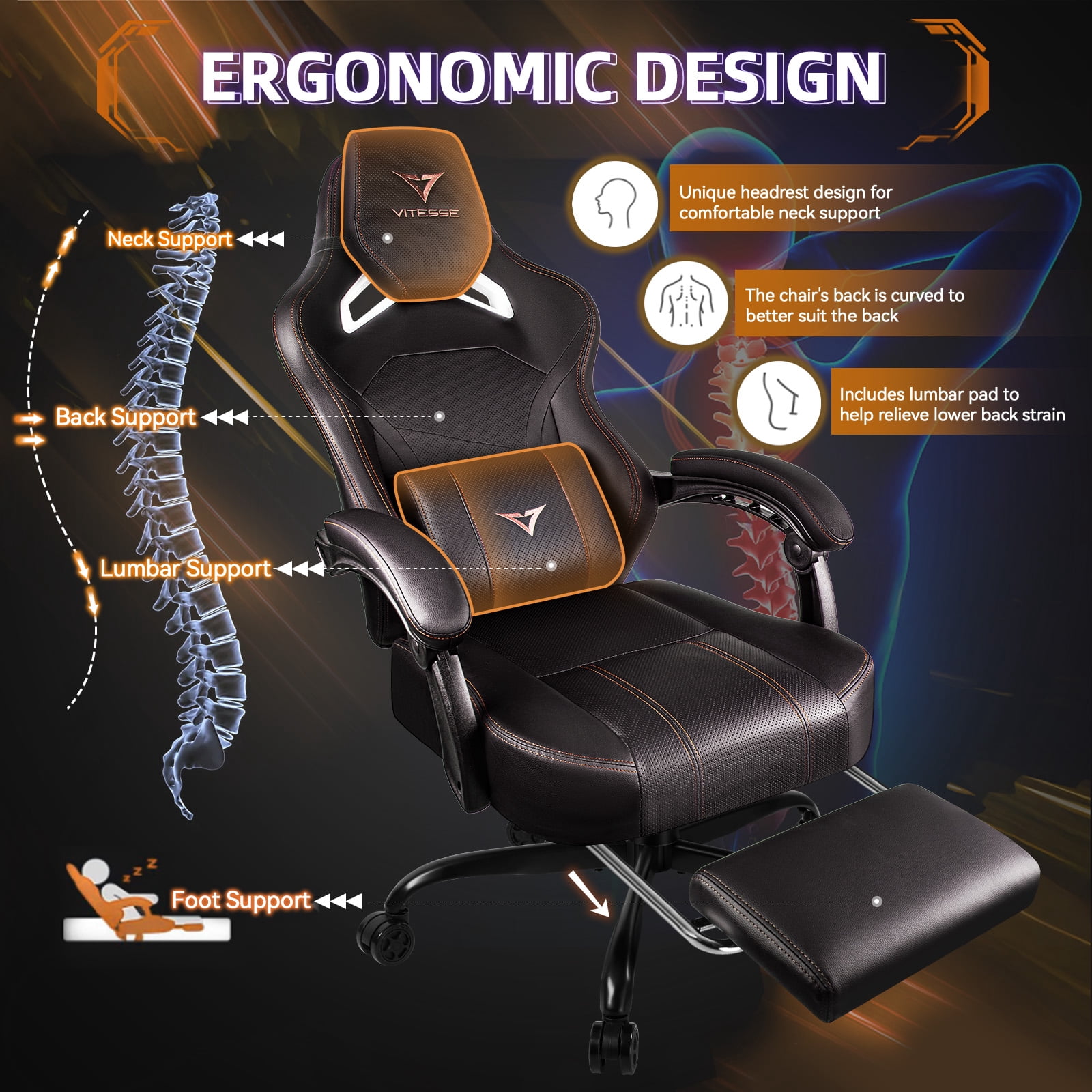 Waleaf Gaming Chair Ergonomic Office Chair with Footrest and Lumbar Support, Height Adjustable High Back Gamer Chair with Headrest for Adult