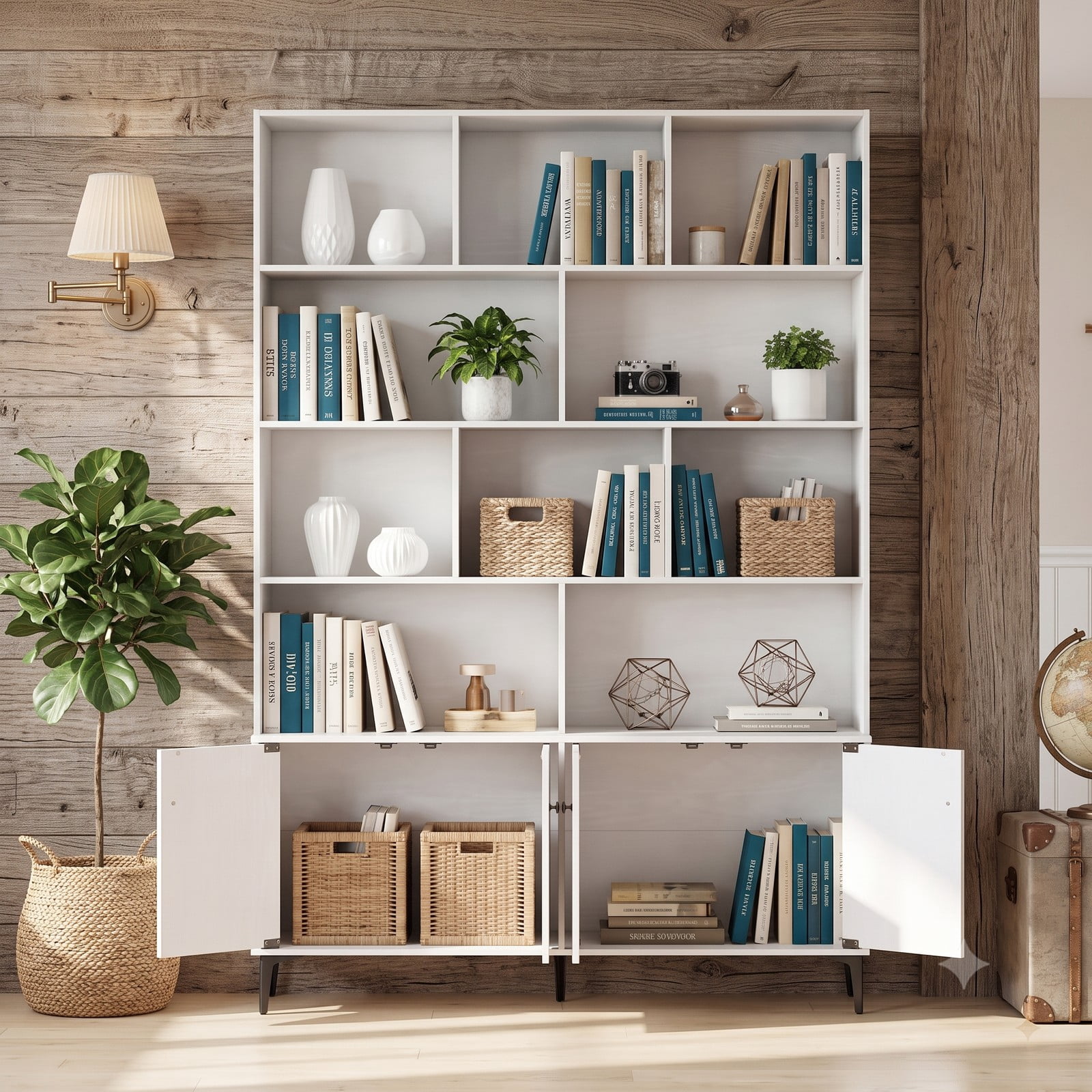 Furnibear 68.5" White Bookshelf with 4 Doors and Open Shelves, Tall Freestanding Bookcase Storage Cabinet with Anti-Tipping Kits and Metal Legs for Home Office, White
