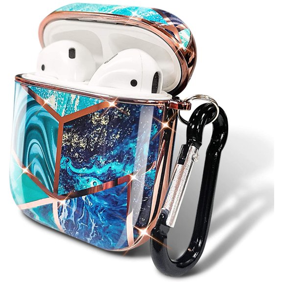 Nagebee Case for AirPods / AirPods Pro, Glossy Stylish, 360° Protective, Gold Glitter Cute Cover Carrying Case Girls Women with Keychain (Marble Design Sapphire)