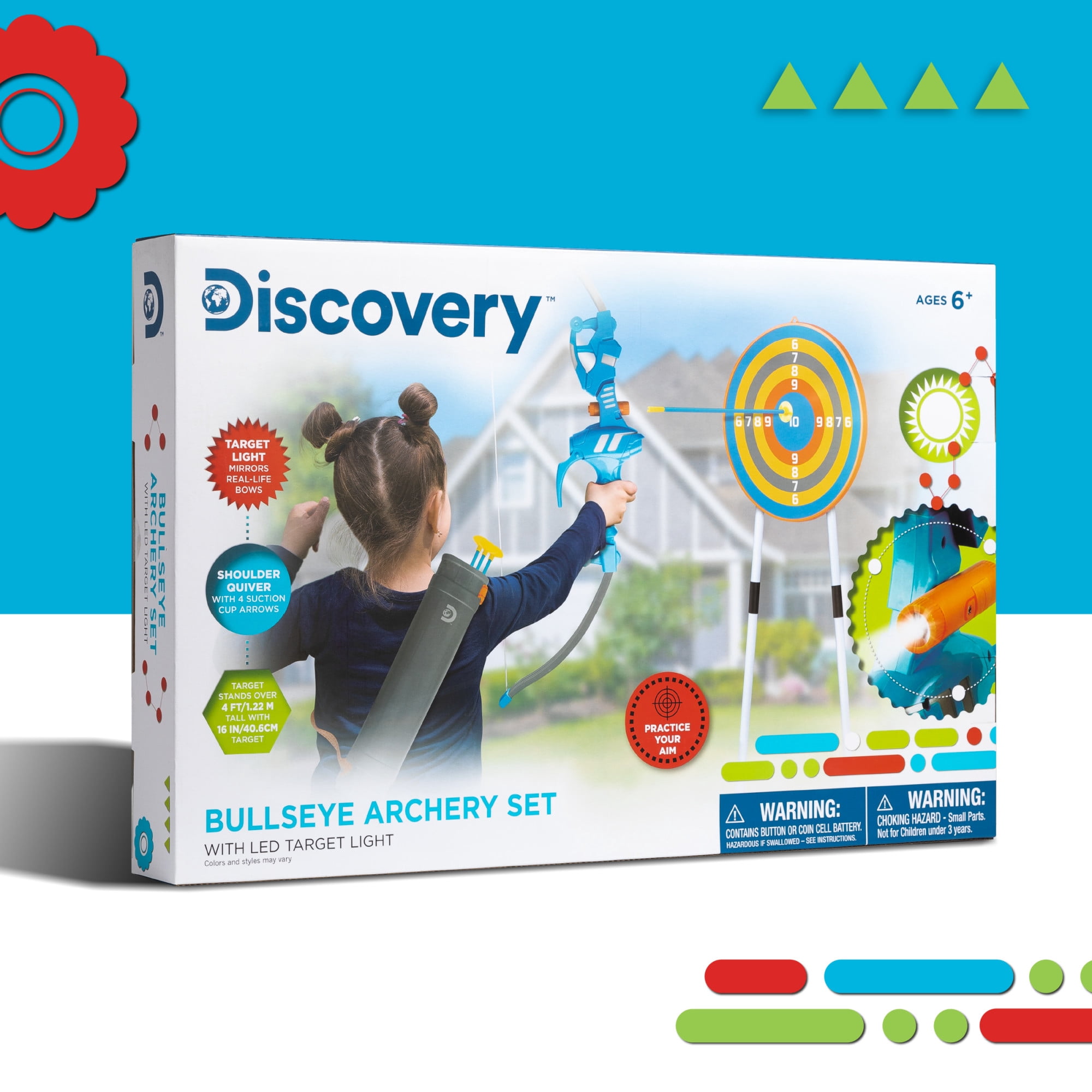 Discovery Kids Bullseye Outdoor Toy Archery Set with LED Light-Up Target (7 Pieces), Child Toy