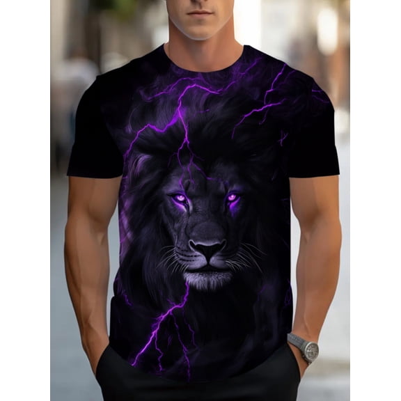 Linqi Men's Purple Lightning Lion Pattern T-shirt - Fashionable casual short-sleeve T-shirt with a lively electric design, comfortable to wear, everyday T-shirt
