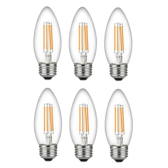 6 Pack Bioluz LED 60 Watt Candelabra Bulbs Medium Base, Candelabra Bulbs, Dimmable Filament Clear 60 Watt LED Bulbs (Uses only 4.5 watts), E26 Base C37 LED Filament Candle Bulbs