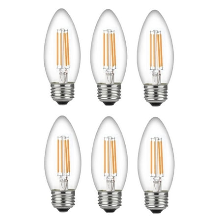 6 Pack Bioluz LED 60 Watt Candelabra Bulbs Medium Base, Candelabra Bulbs, Dimmable Filament Clear 60 Watt LED Bulbs (Uses only 4.5 watts), E26 Base C37 LED Filament Candle