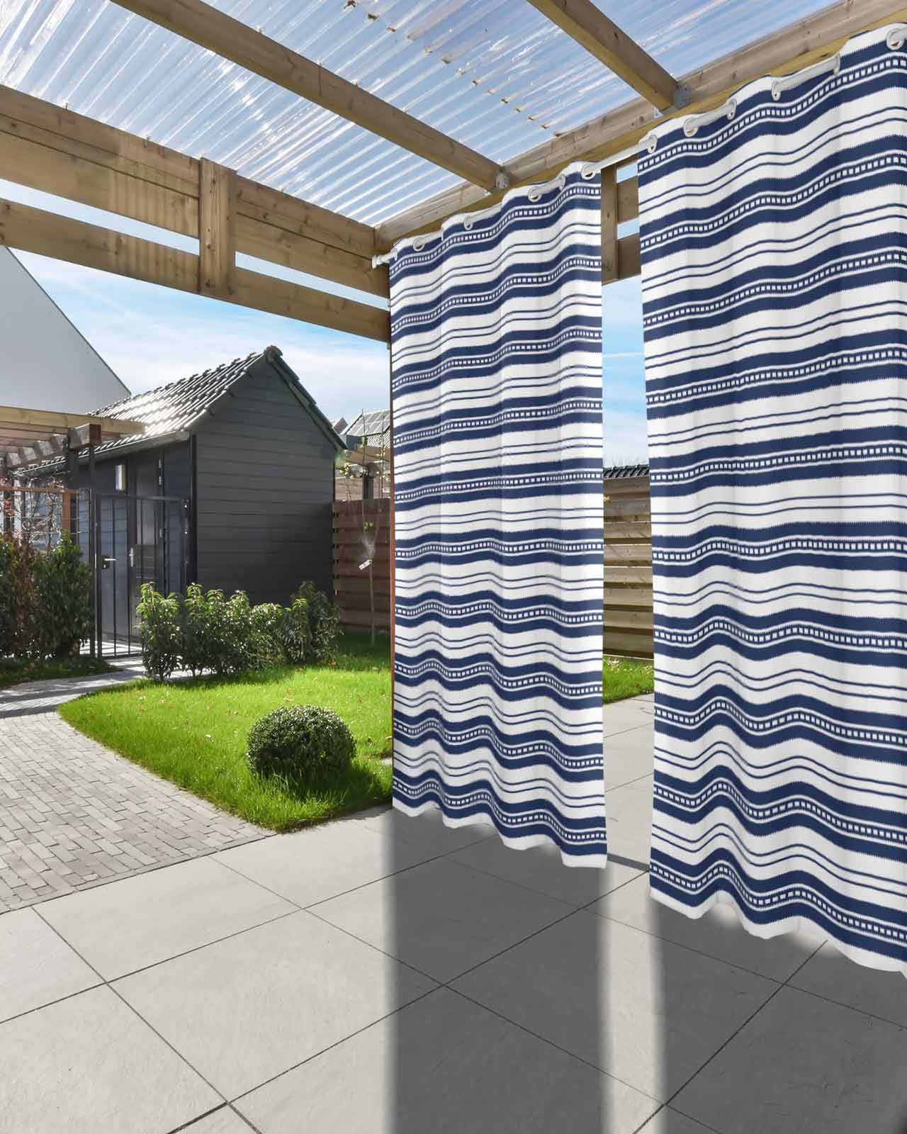 nqOlkjepod Outdoor Curtains for Patio Waterproof, Navy Blue Striped Outdoor Privacy Panels Grommet, Farmhouse Striped Geometric Art Blackout Outside Curtains for Porch/Cabana 54"x108", 1 Panel