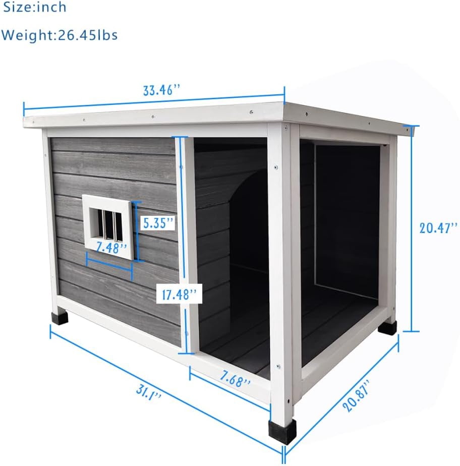 imerelez 33.5 inch Outdoor Gray Cat House with Waterproof Roof, Ventilated Windows, and Sturdy Metal Support – Spacious & Stylish Pet Shelter for Cats