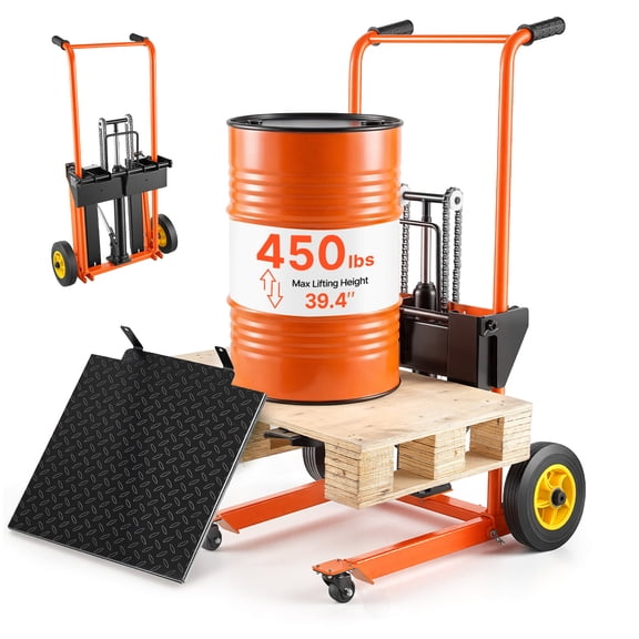 VEVOR Hydraulic Material Lift Winch Stacker, 450 lbs Load Capacity, Pallet Truck Dolly with Fork Lift Table, 39.4 Inches Max Lifting Height, Foldable & Portable Pallet Jack Table Cart, Orange & Black