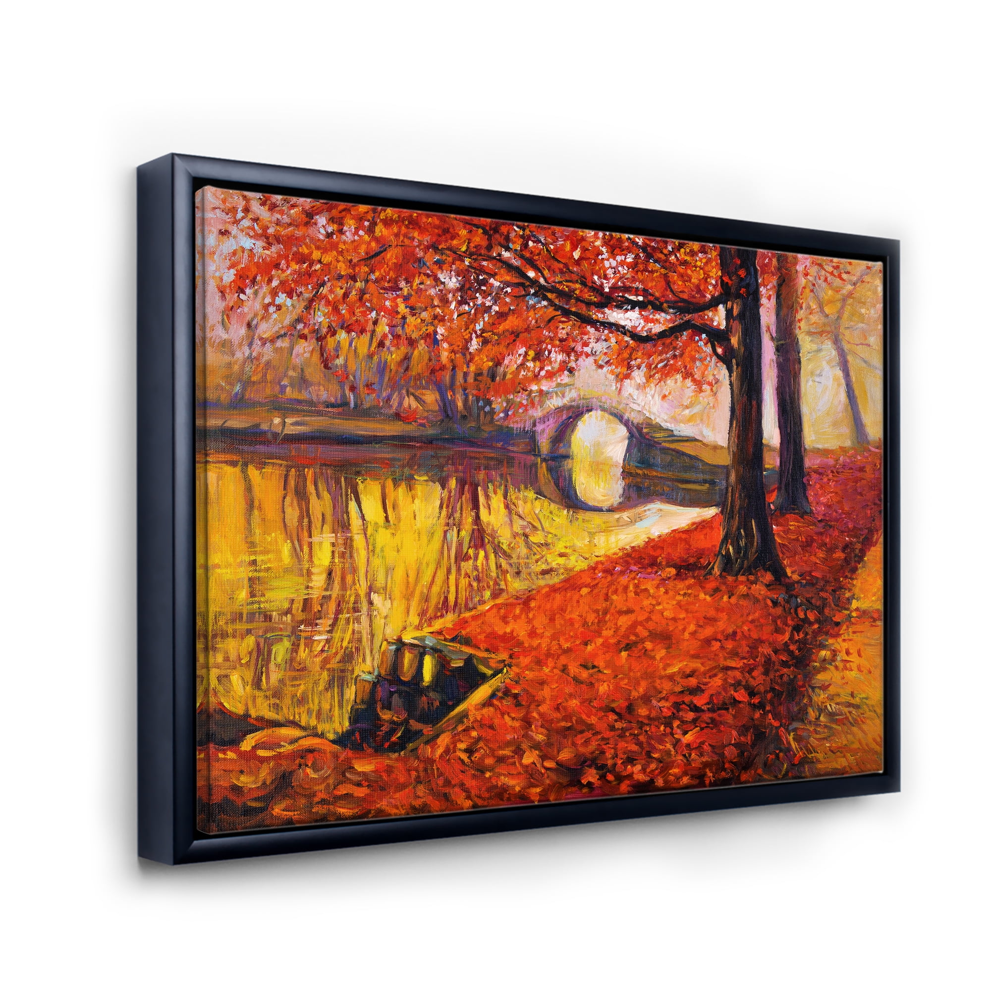 Designart 'Little Bridge In Deep Orange Autumn Landscape I' Traditional Framed Canvas Wall Art Print