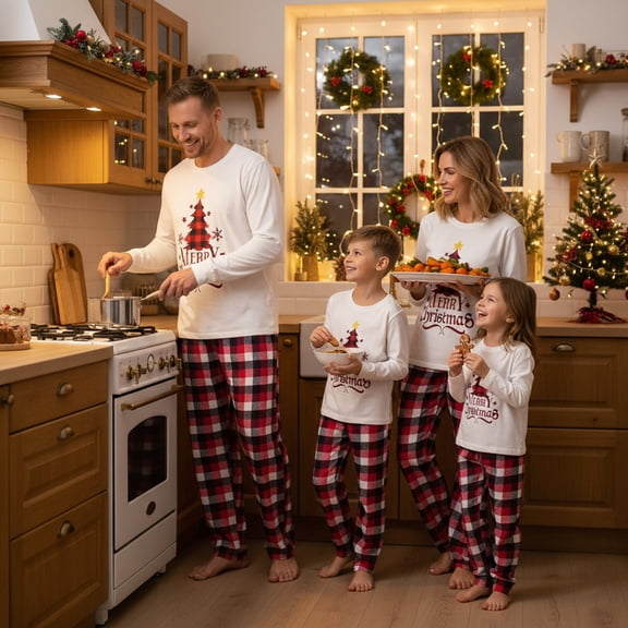 Family Matching Christmas Pajama Set Tree Print Long Sleeve Tops Plaid Pants Sleepwear Outfits