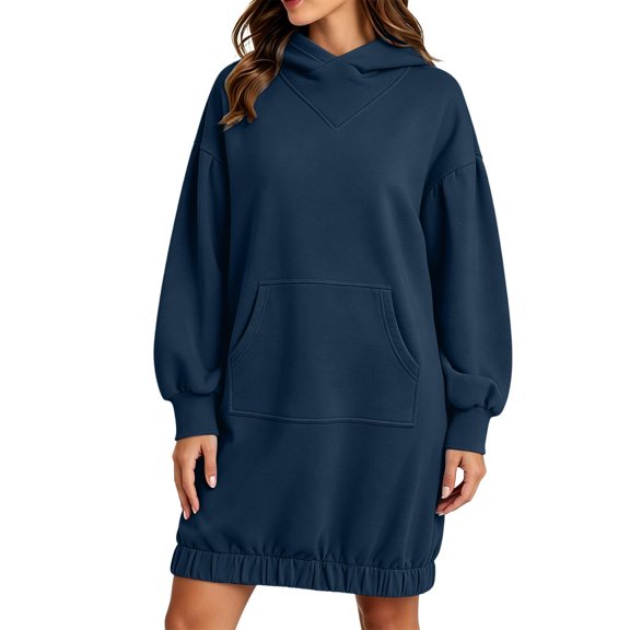 Karymi Spring Dresses Solid Oversized Hoodie Dress, V Notch Neck Lantern Puff Long Sleeve Kangaroo Pocket Elastic Hem Sweatshirt Tunic Dress