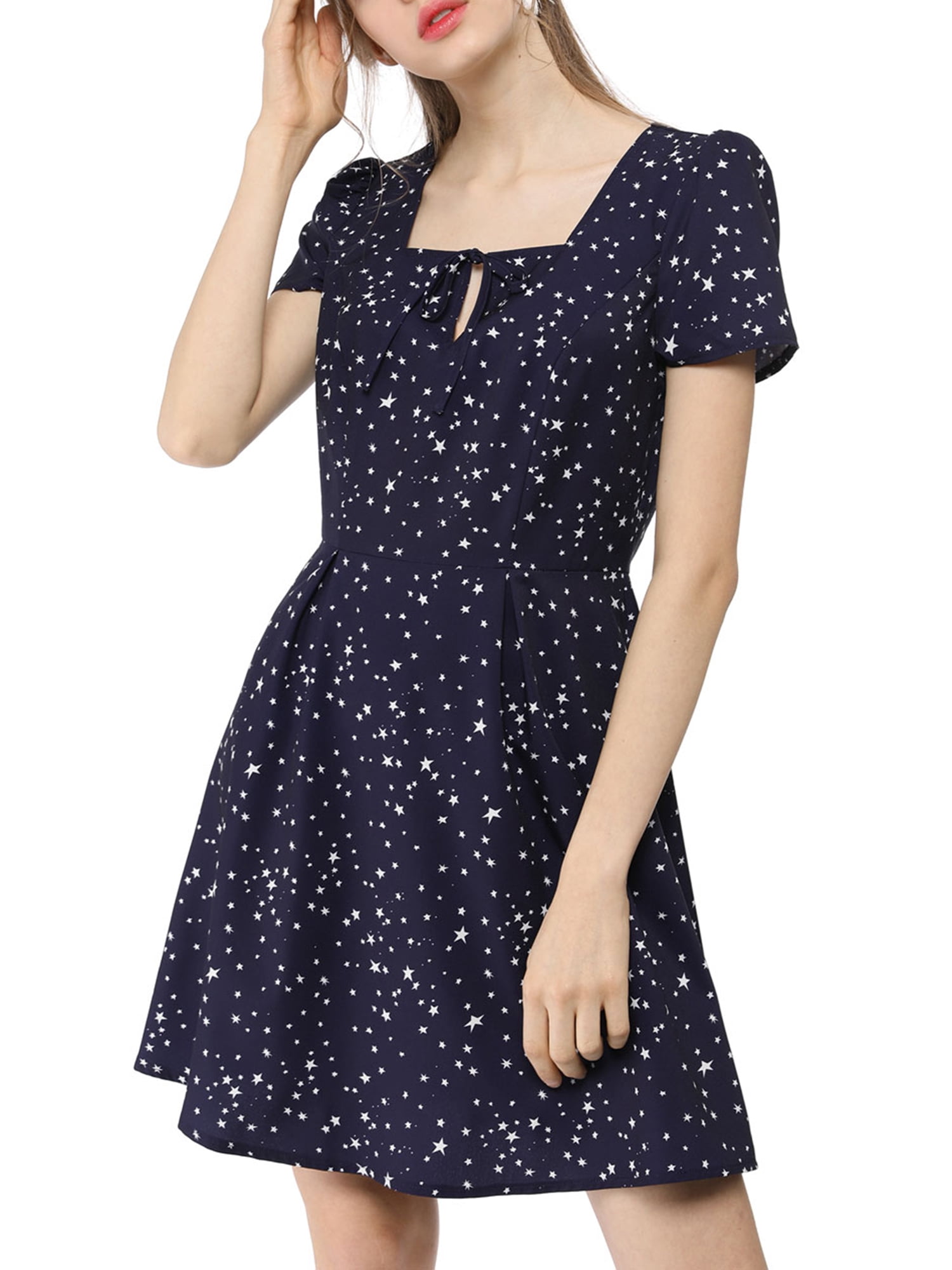 DARING DIVA Square Neck Short Sleeve Print A-Line Dress XS Blue-Stars