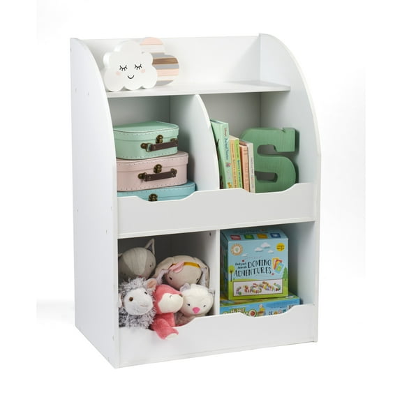 Badger Basket Children’s Wooden Four-Bin 34 gal Toy Storage Cubby with Bookshelf, White