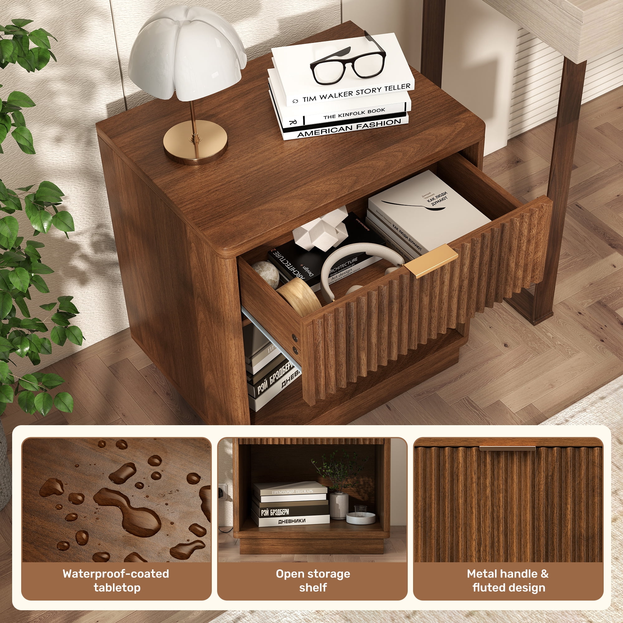 MOONMISS Wooden Nightstand Set of 2,with Drawer,USB Charging and LED Light,Walnut