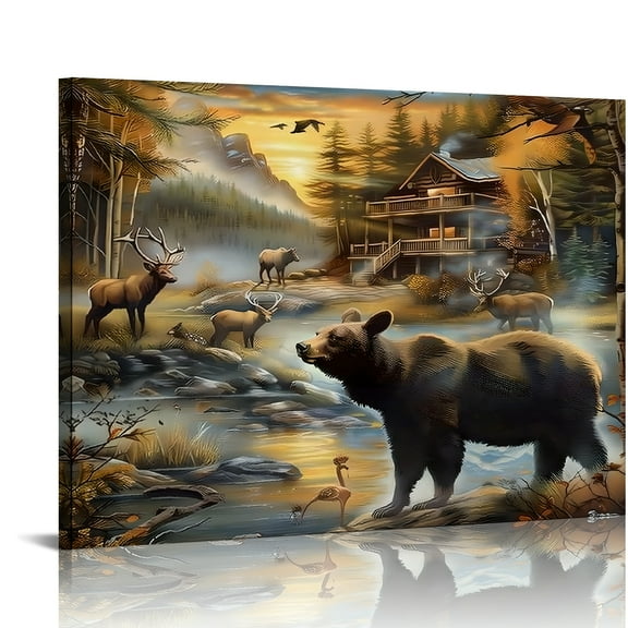 Autua Bear Deer Forest Ready to Hang Canvas Wall Decor for Home 20x16in
