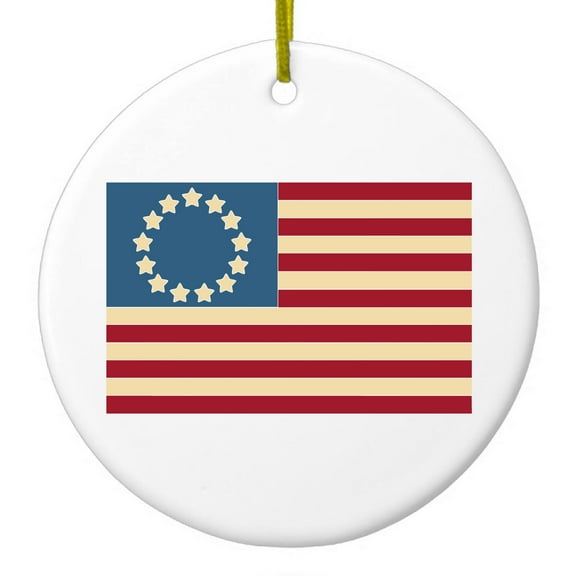 DistinctInk Hanging Ceramic Christmass Tree Ornament with Gold String - Great Gift / Present - 2 3/4 inch diameter - USA Colonial Flag Red White & Blue
