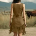 thumbnail image 3 of Rciityk Summer Dresses for Women Vintage Faux Suedes V Neck Spaghetti Strap Mini Dress Solid Color Casual Ruched Fringe Sundress, 3 of 7