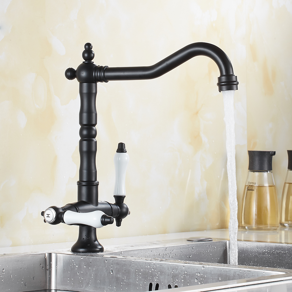 ODOMY Traditional Kitchen Tap Kitchen Sink Mixer Tap Double Handle Solid Brass Kitchen Tap Antique Bronze Brass Georgian Classic Faucet Dual Lever - image 5 of 9