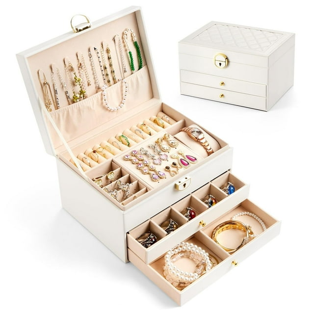 Joyero, Caja de Almacenamiento, Cubo de Organizador con Cerradura, Caja de Almacenamiento de Cuero para Anillos, Pendientes, Collares, Pulseras, Perfecto Regalo para Mujeres (Blanco)