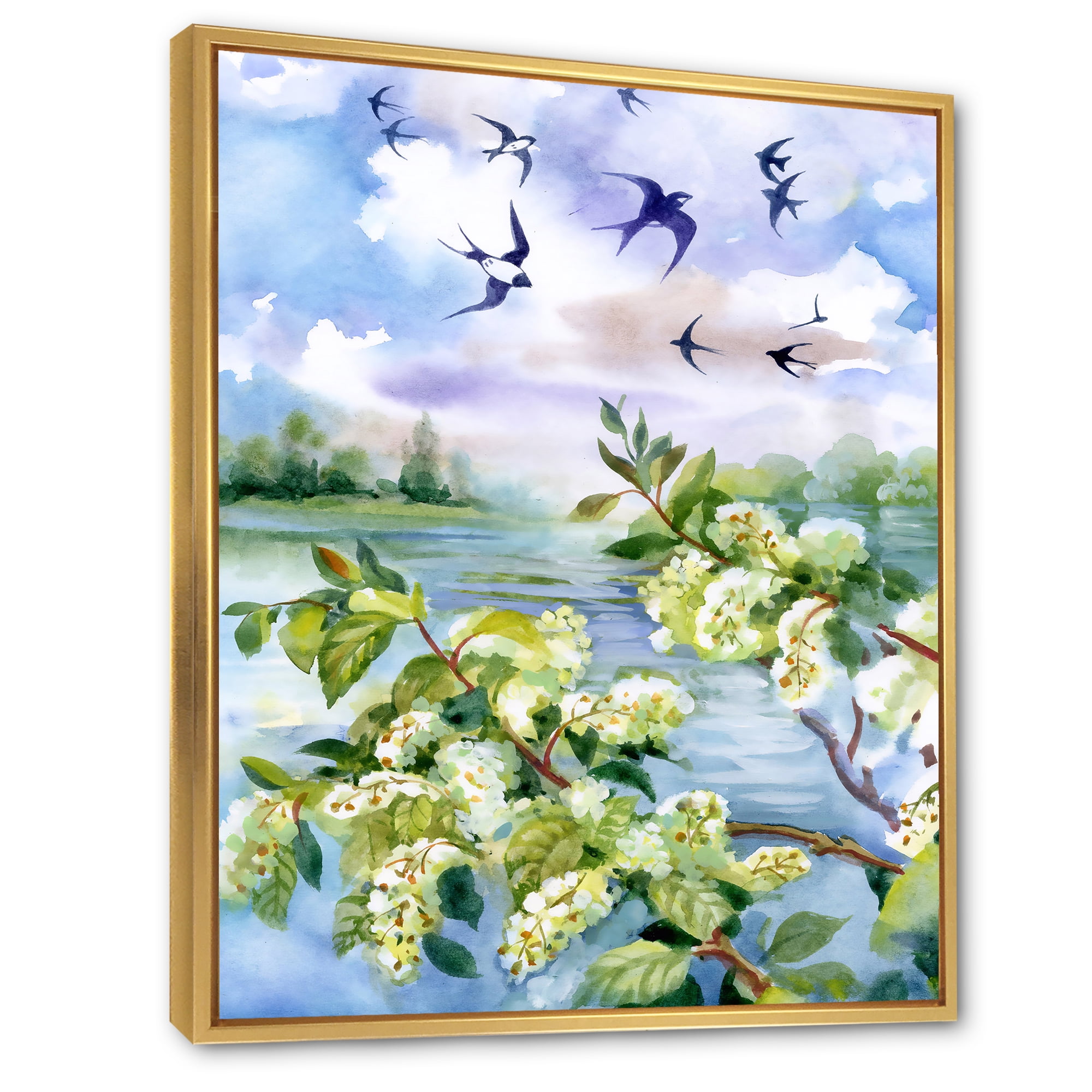 Designart 'Flowers of The Cherry Blossoms On A Spring Day Landscape' Traditional Framed Canvas Wall Art Print