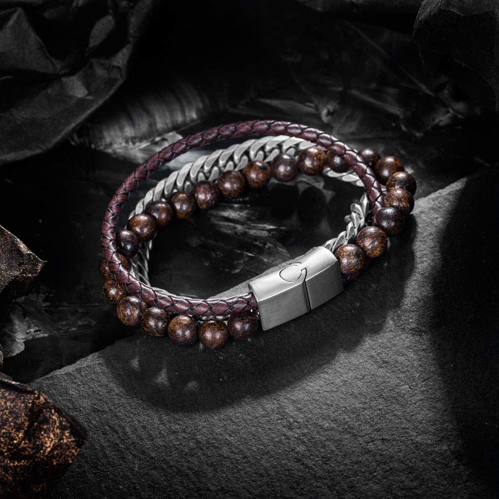 murtoo Mens Bead Leather Bracelet, Natural Bead, Steel and Leather Bracelet for Men Women, Simple Gift