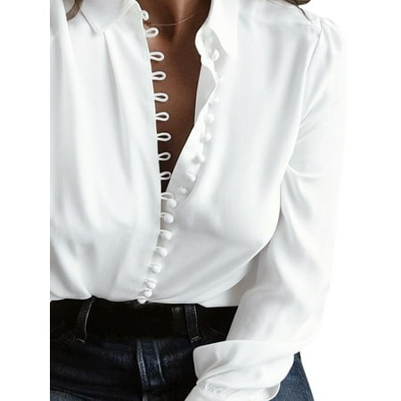 Womens Long Sleeve Low Cut Casual Buttons Down Blouses Tops