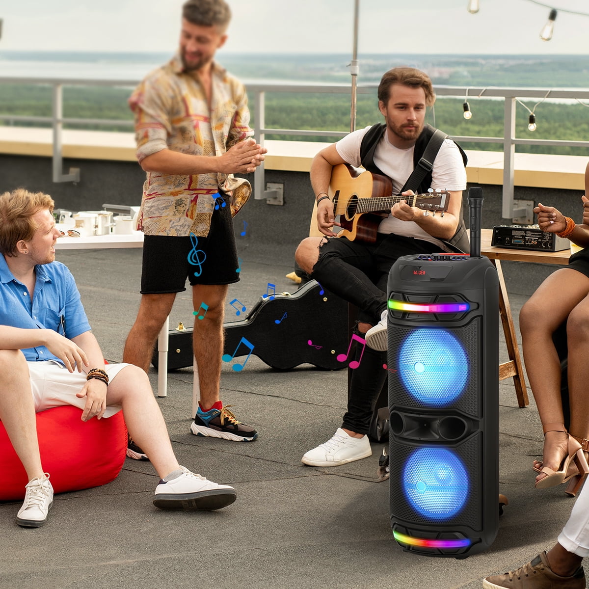Lohoms Powerful Party Speaker Bluetooth Wireless with Dual 12" Woofers, Big Portable Rechargeable Speaker with LED Lights, FM Radio & Karaoke Microphone