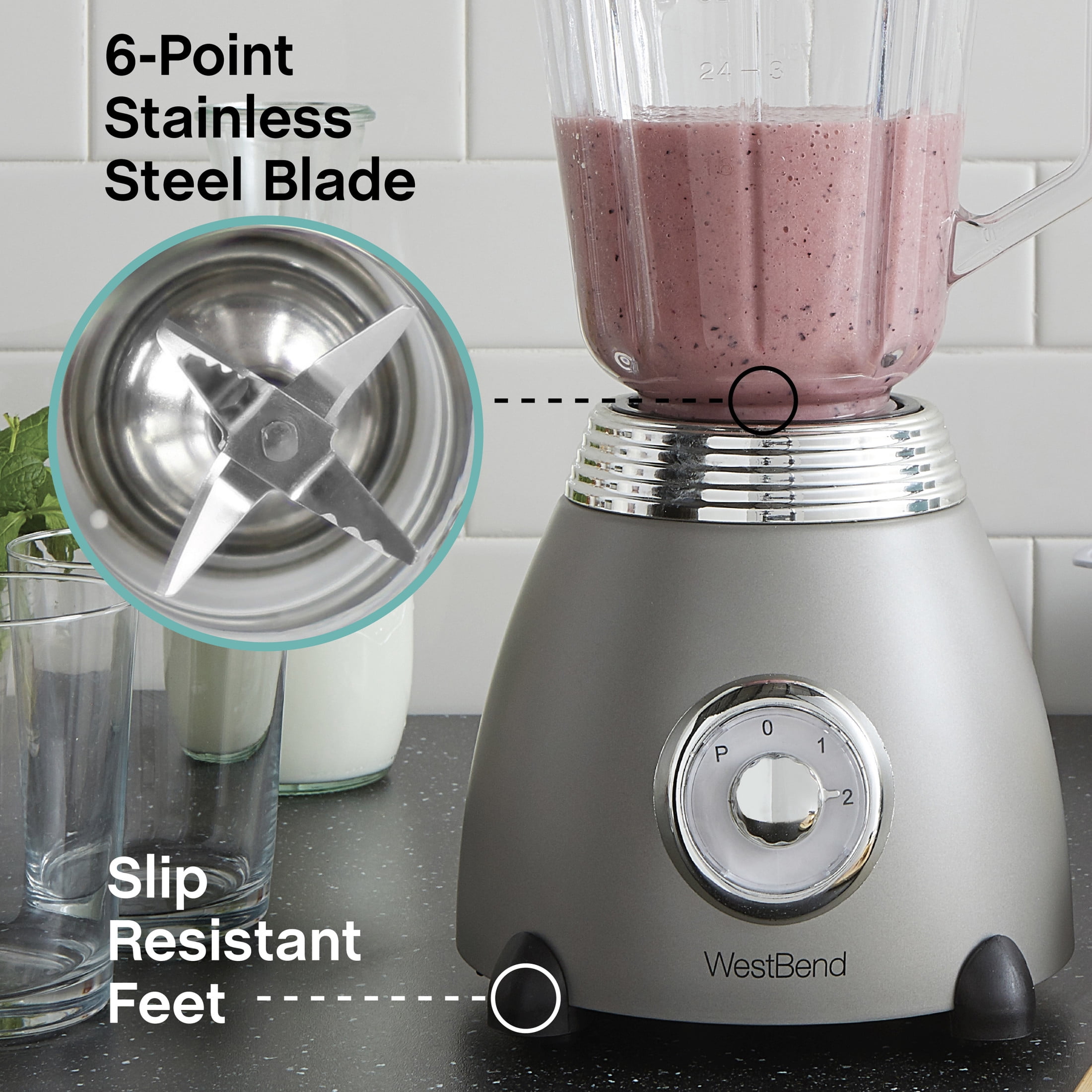 West Bend Retro-Style 2-Speed Blender with Pulse Function and BPA-Free Glass Jar, 48oz. Capacity, in Gray (BLWBRTGR13)