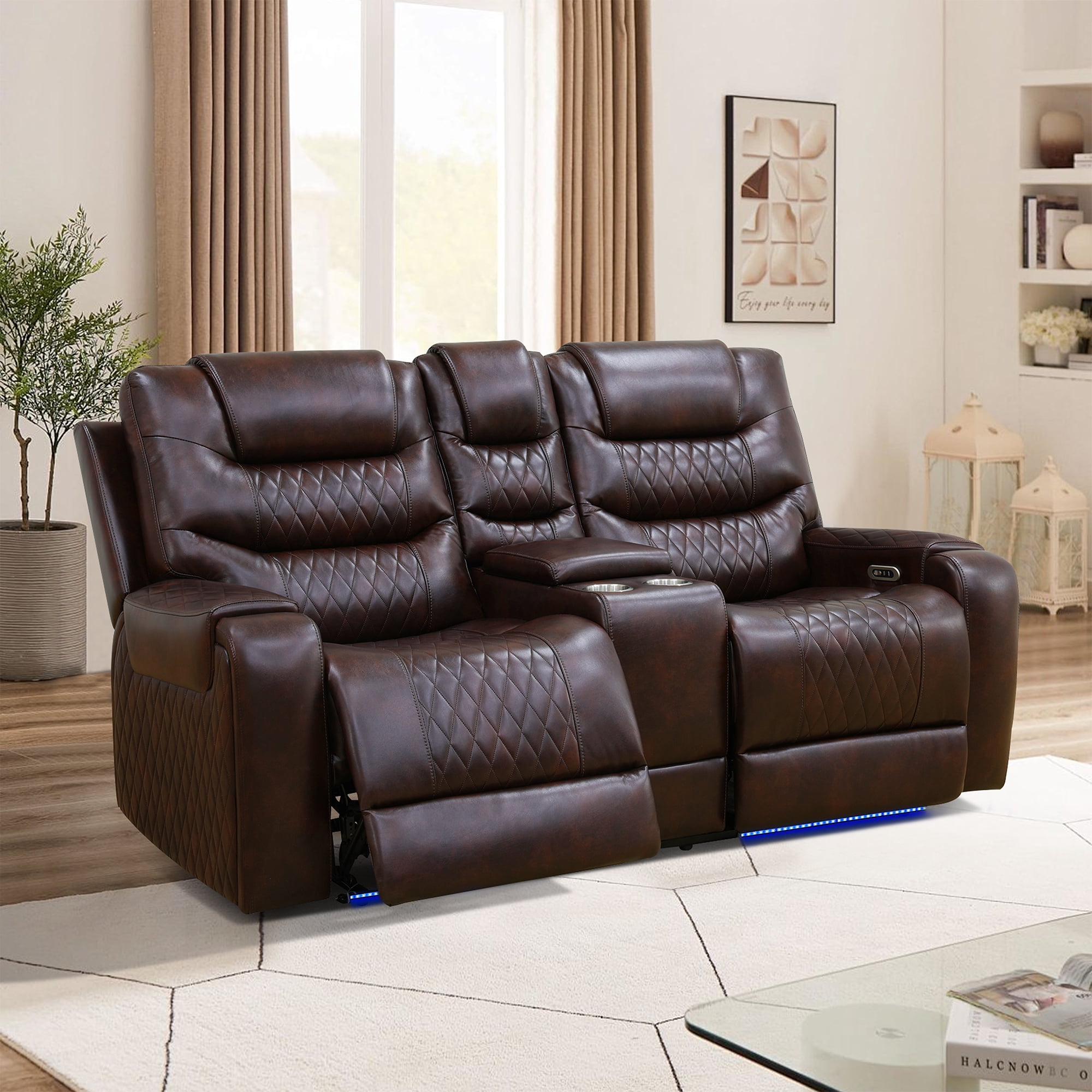 Gewnee Loveseat Power Reclining Multifunctional Sofa, Air Leather, Storage Console, Cup Holders,Dark Brown