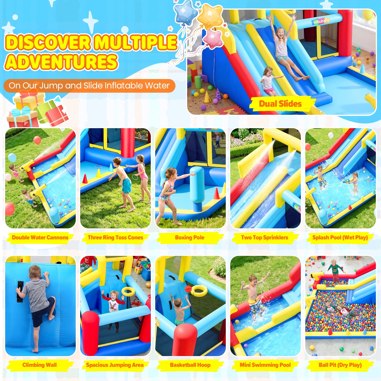 Qhomic Inflatable Water Slide with Blower, 10-in-1 Bounce House with 2 Slides, Jumping Zone, Climbing Wall, Ball Pit and 2 Water Cannons, Water Park for Kids Backyard