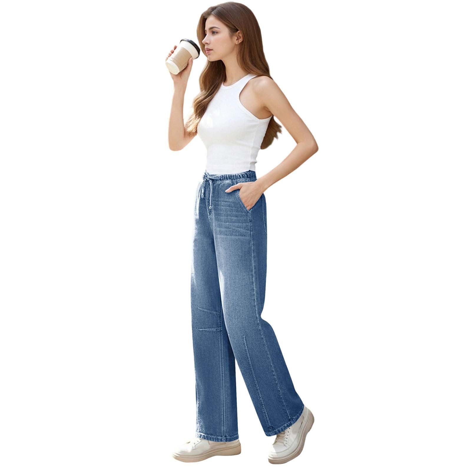 Baggy Jeans for Women High Waisted Wide Leg Jeans Elastic Waist Strechy Drawstring Pull On Denim Pants with Pockets