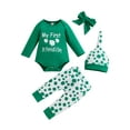 thumbnail image 2 of Blotona Infant Baby Irish Day Festival Jumpsuit Set Letter Print Long Sleeve Romper + Shamrock Pants + Hat + Bow Headband, 2 of 9