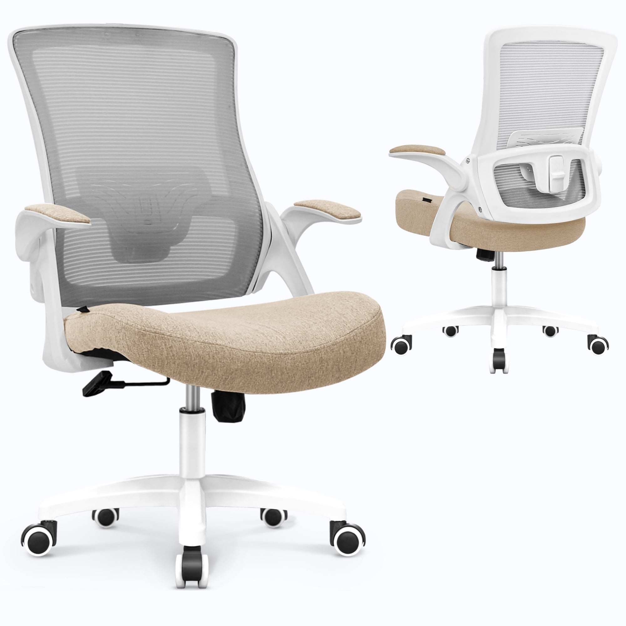 CELTOSS Ergonomic Office Chair, Wide Seat with Flip-Up Armrests, Lumbar Support, Adjustable Height, Comfy Home Task Computer Chair, Beige
